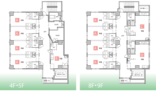 4階と5階、8階と9階の平面図